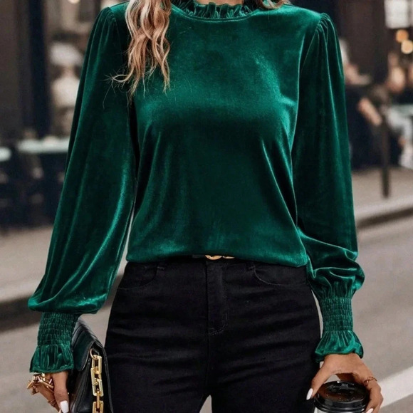 . Tops - Dark Green Casual Womens Frill Trim Flare Sleeve Velvet Blouse